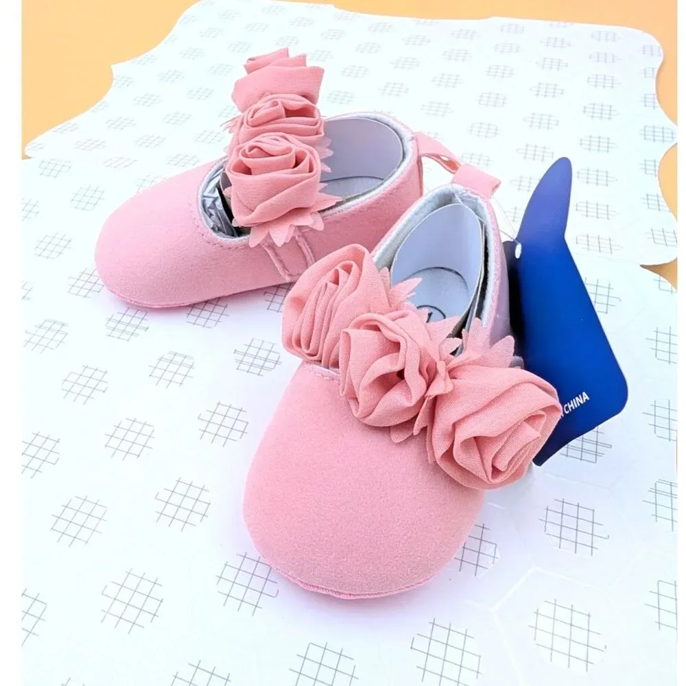 Newborn Baby Girl Pink Mary Jane Crib Dress Shoes Satin Rose Size 1